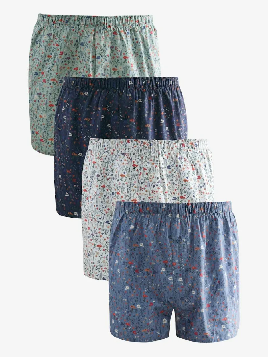 Next Blue/White/Green Floral 4 pack Woven Pure Boxers New