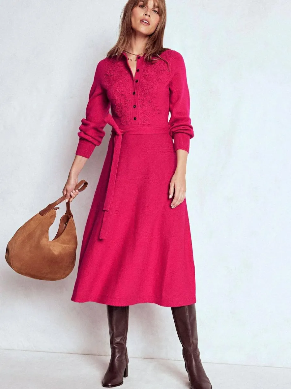 Boden Pink Lace Insert Knitted Midi Dress New
