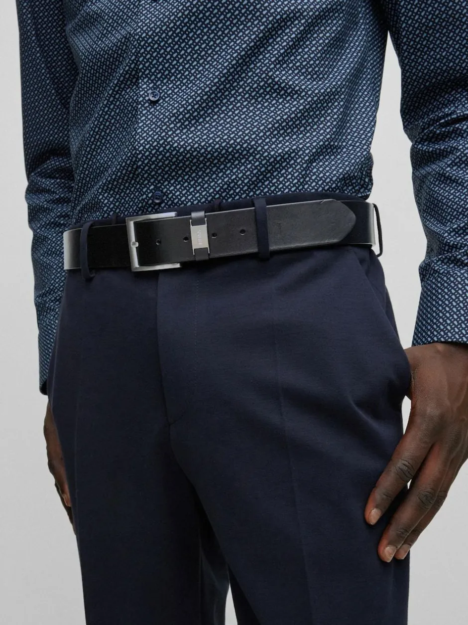 BOSS Brushed Metal Leather Belt Black New