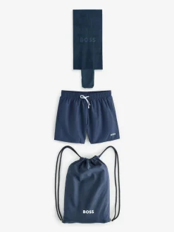 BOSS Navy Swim Shorts, Bag, Towel Beach Gift Set Best