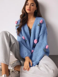 Next Bright Blue 3D Tulip Soft Touch Chunky Knit Cardigan Hot
