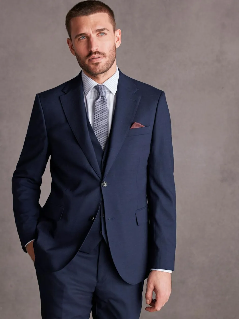Next Slim Fit Signature Tollegno Italian Wool Textured Suit Jacket Bright Blue New
