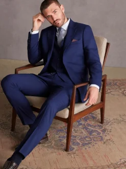 Next Slim Fit Signature Tollegno Italian Wool Textured Suit Jacket Bright Blue New