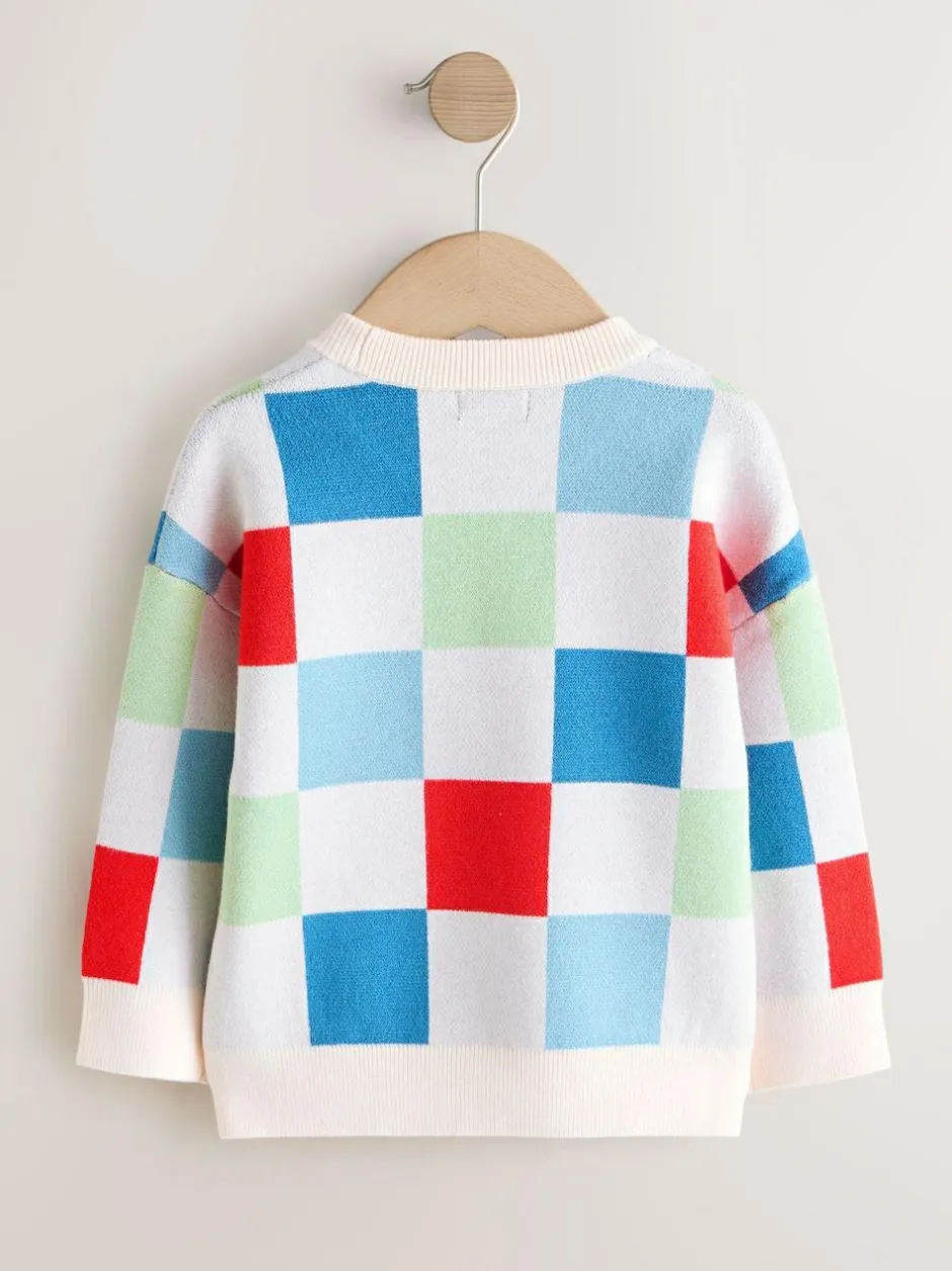 Next Bright Checkerboard Knitted Crew Neck Jumper (3mths-7yrs) New
