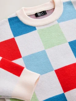 Next Bright Checkerboard Knitted Crew Neck Jumper (3mths-7yrs) New