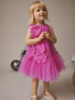 Next Bright Pink Bows Sleeveless Mesh Dress (3mths-7yrs) Outlet