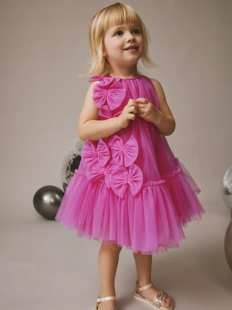 Next Bright Pink Bows Sleeveless Mesh Dress (3mths-7yrs) Outlet