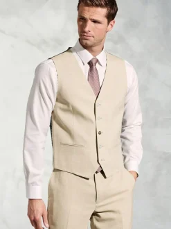Brook Taverner Linen Blend Mixer Suit Waistcoat Beige Discount
