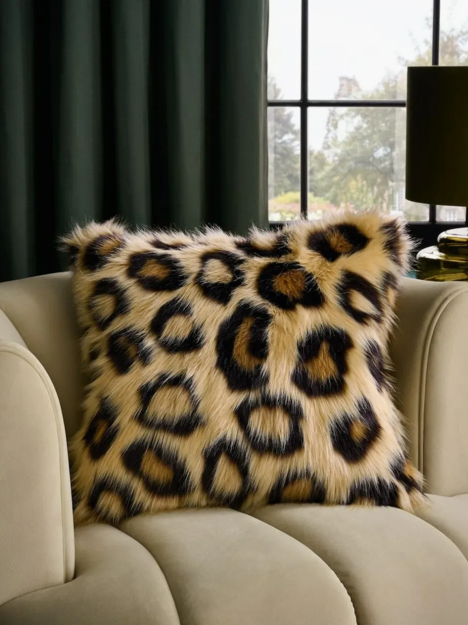 Next Brown 50 x 50cm Long Leopard Print Faux Fur Cushion Discount