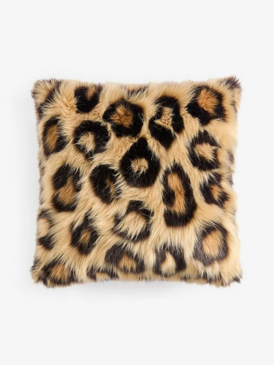 Next Brown 50 x 50cm Long Leopard Print Faux Fur Cushion Discount