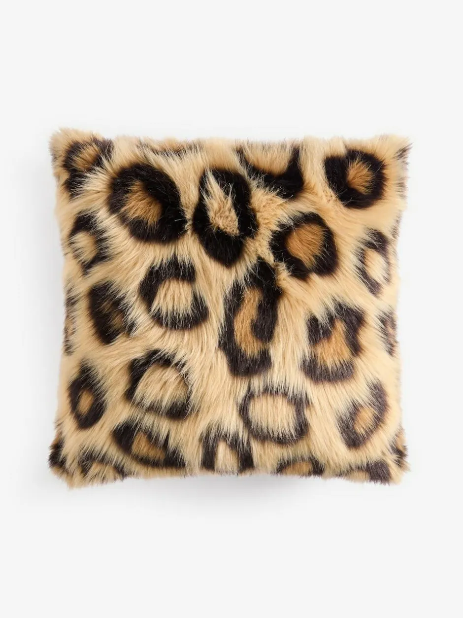 Next Brown 50 x 50cm Long Leopard Print Faux Fur Cushion Discount