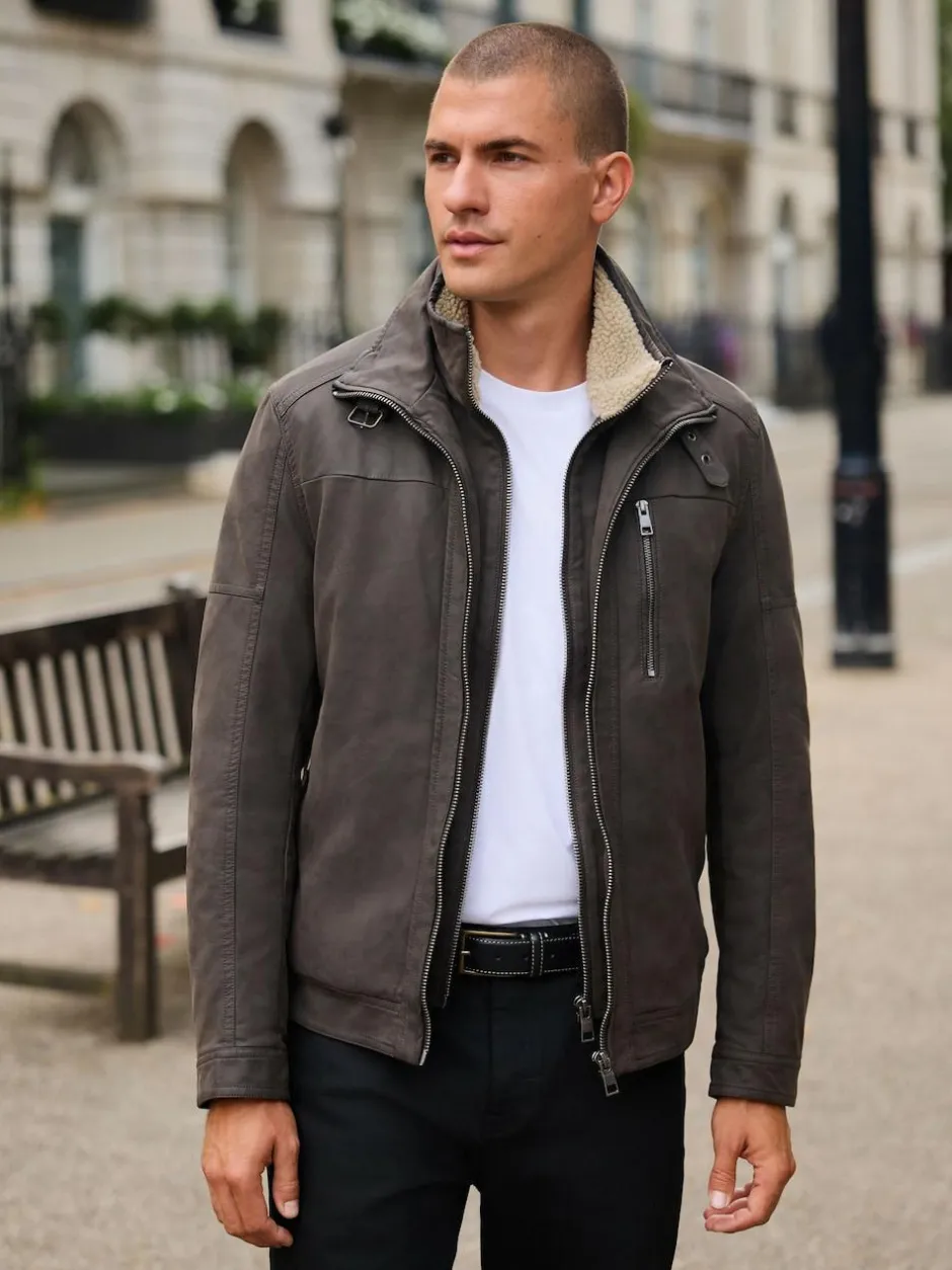 Next Brown Borg Lined Faux Leather Jacket