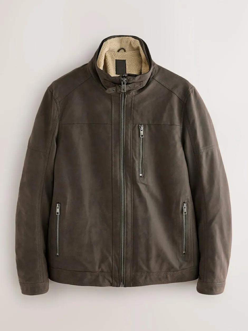 Next Brown Borg Lined Faux Leather Jacket