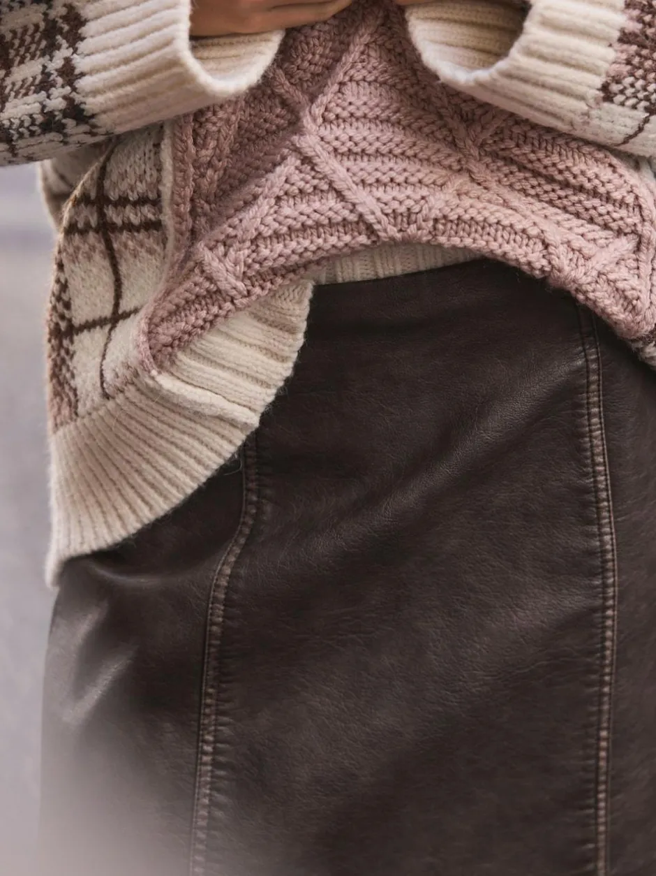 Next Faux Leather Mini Skirt Brown Distressed Sale