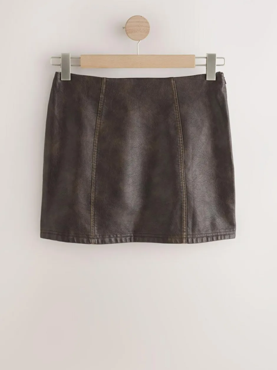 Next Faux Leather Mini Skirt Brown Distressed Sale