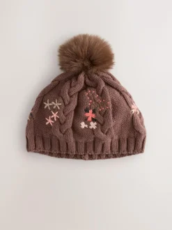 Next Brown Floral Embroidered Pom Baby Beanie Hat (0mths-2yrs)