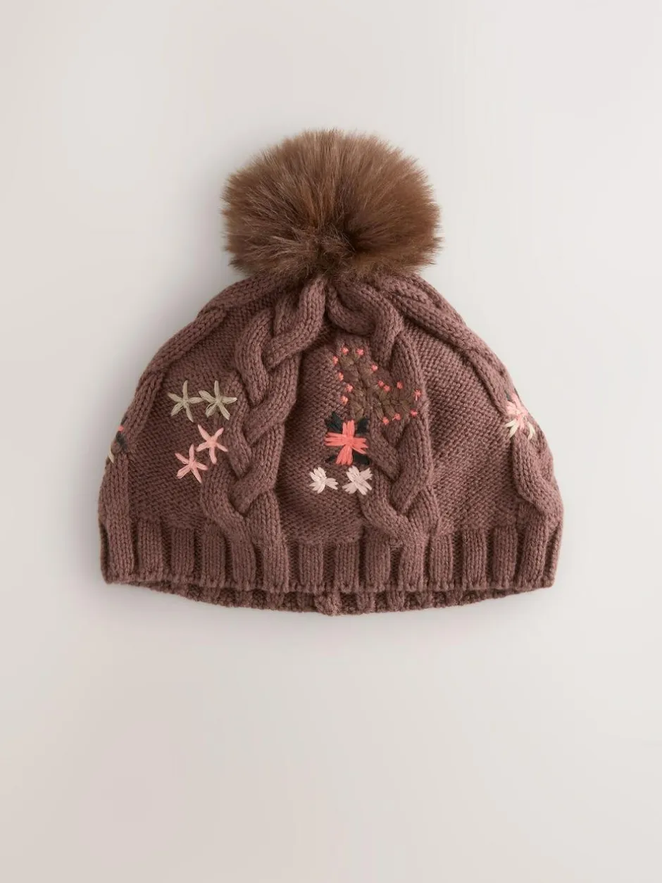 Next Brown Floral Embroidered Pom Baby Beanie Hat (0mths-2yrs)
