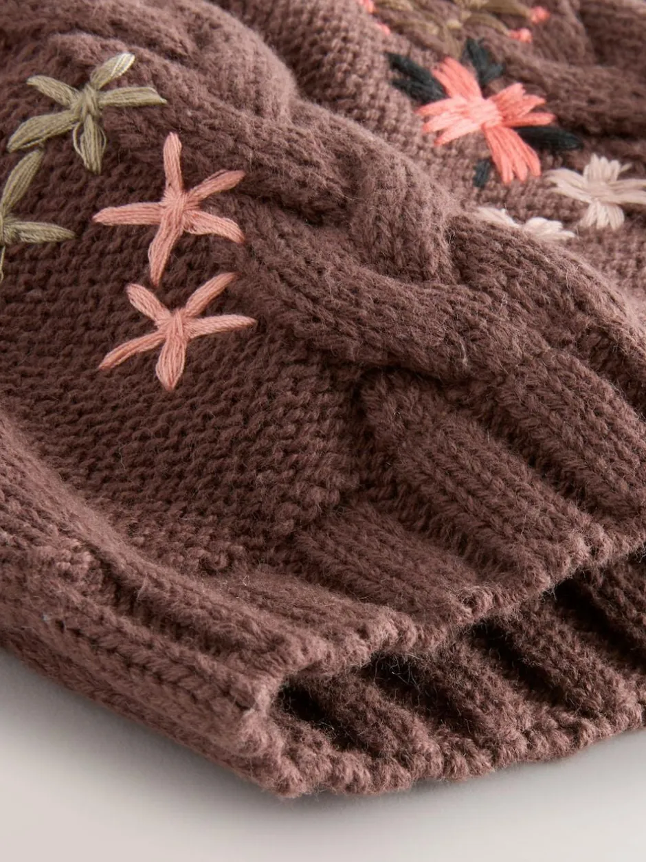 Next Brown Floral Embroidered Pom Baby Beanie Hat (0mths-2yrs)