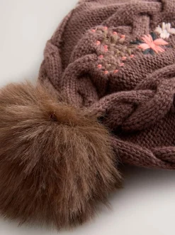 Next Brown Floral Embroidered Pom Baby Beanie Hat (0mths-2yrs)