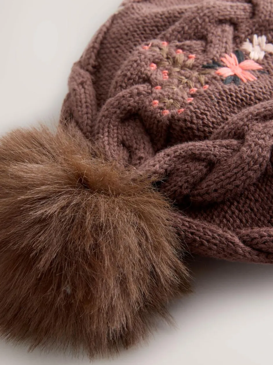 Next Brown Floral Embroidered Pom Baby Beanie Hat (0mths-2yrs)