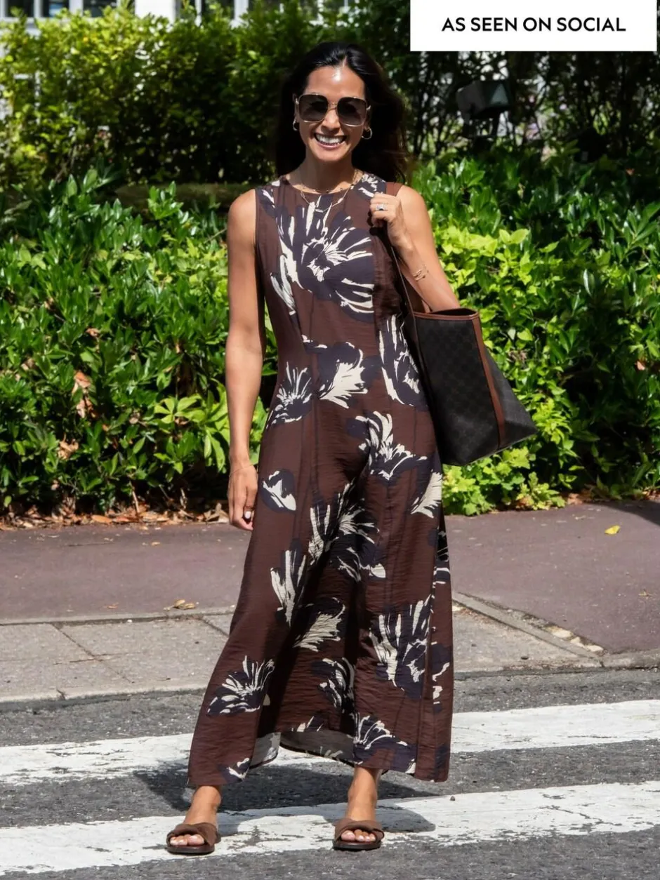 Next Sleeveless Column A-Line Maxi Dress Brown Floral Discount