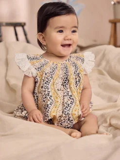 Next 100% Cotton Printed Baby Broderie Romper Brown Patterned Best