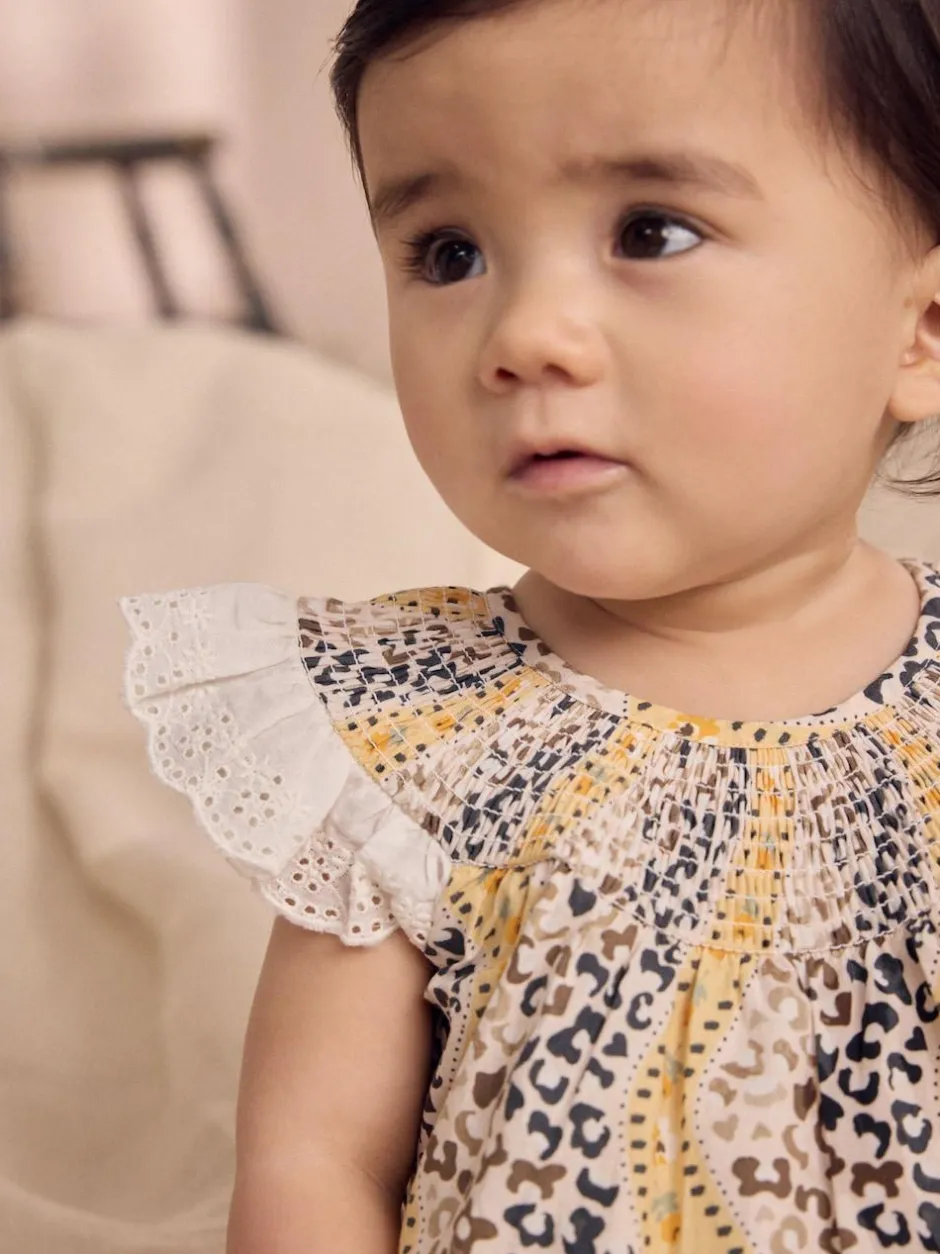 Next 100% Cotton Printed Baby Broderie Romper Brown Patterned Best