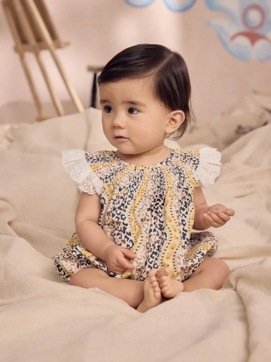 Next 100% Cotton Printed Baby Broderie Romper Brown Patterned Best