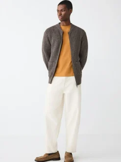Next Rib Texture Zip Through Cardigan with Wool Brown Outlet