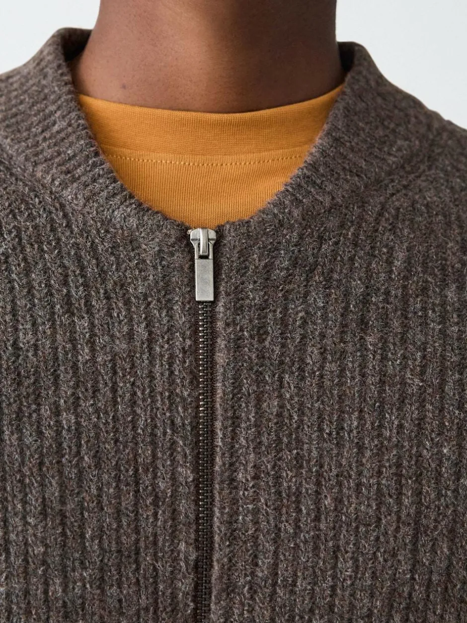 Next Rib Texture Zip Through Cardigan with Wool Brown Outlet
