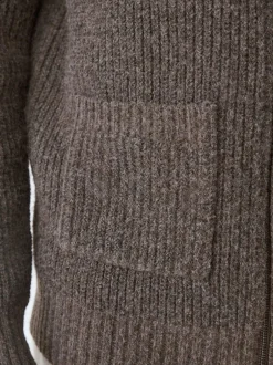 Next Rib Texture Zip Through Cardigan with Wool Brown Outlet
