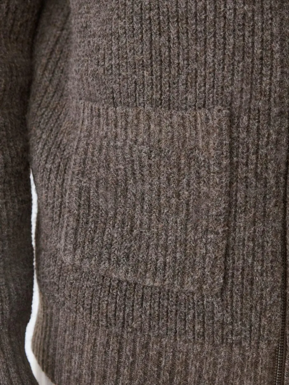 Next Rib Texture Zip Through Cardigan with Wool Brown Outlet