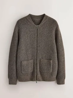 Next Rib Texture Zip Through Cardigan with Wool Brown Outlet