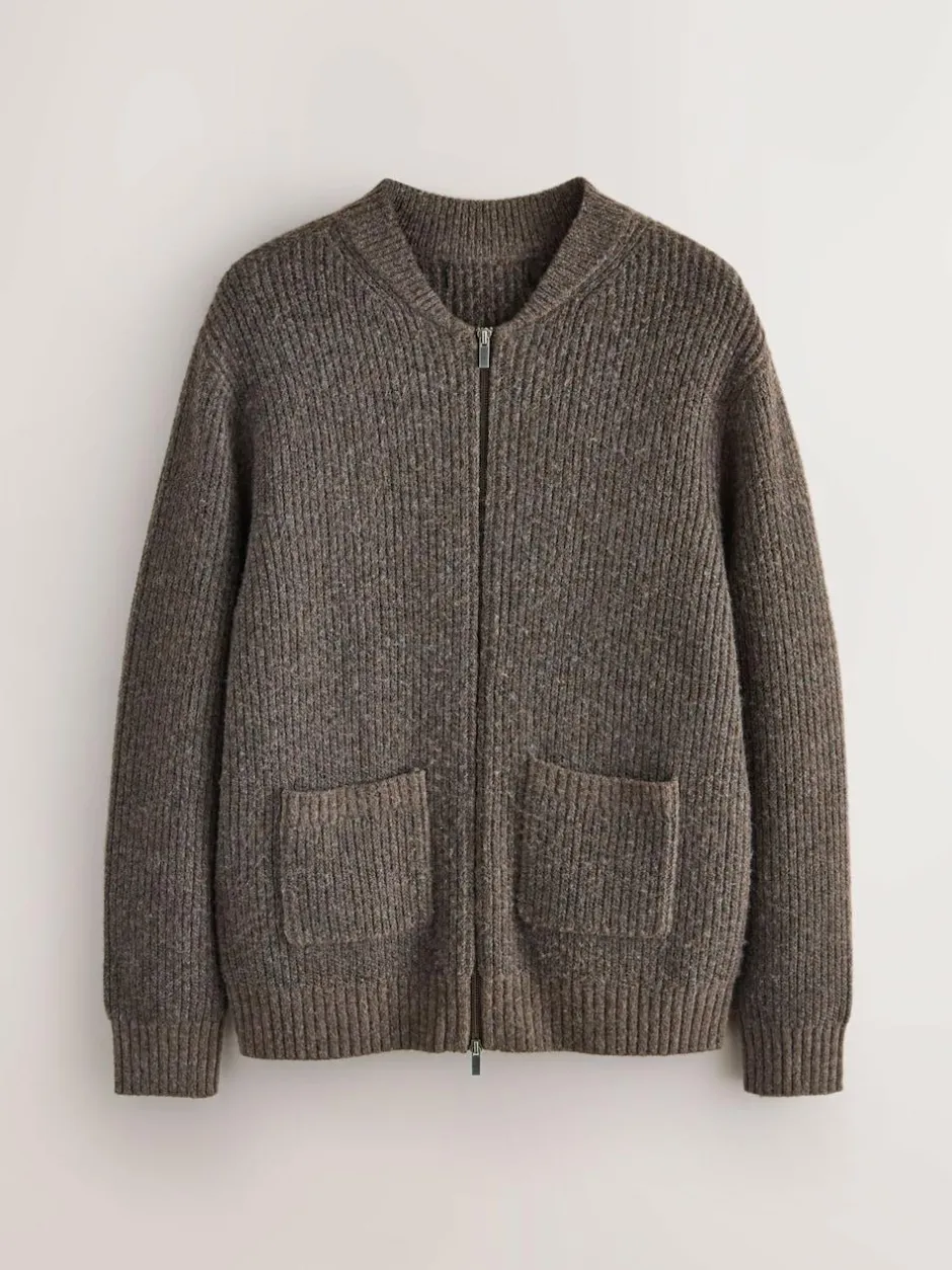 Next Rib Texture Zip Through Cardigan with Wool Brown Outlet