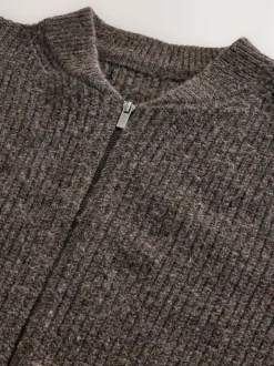 Next Rib Texture Zip Through Cardigan with Wool Brown Outlet