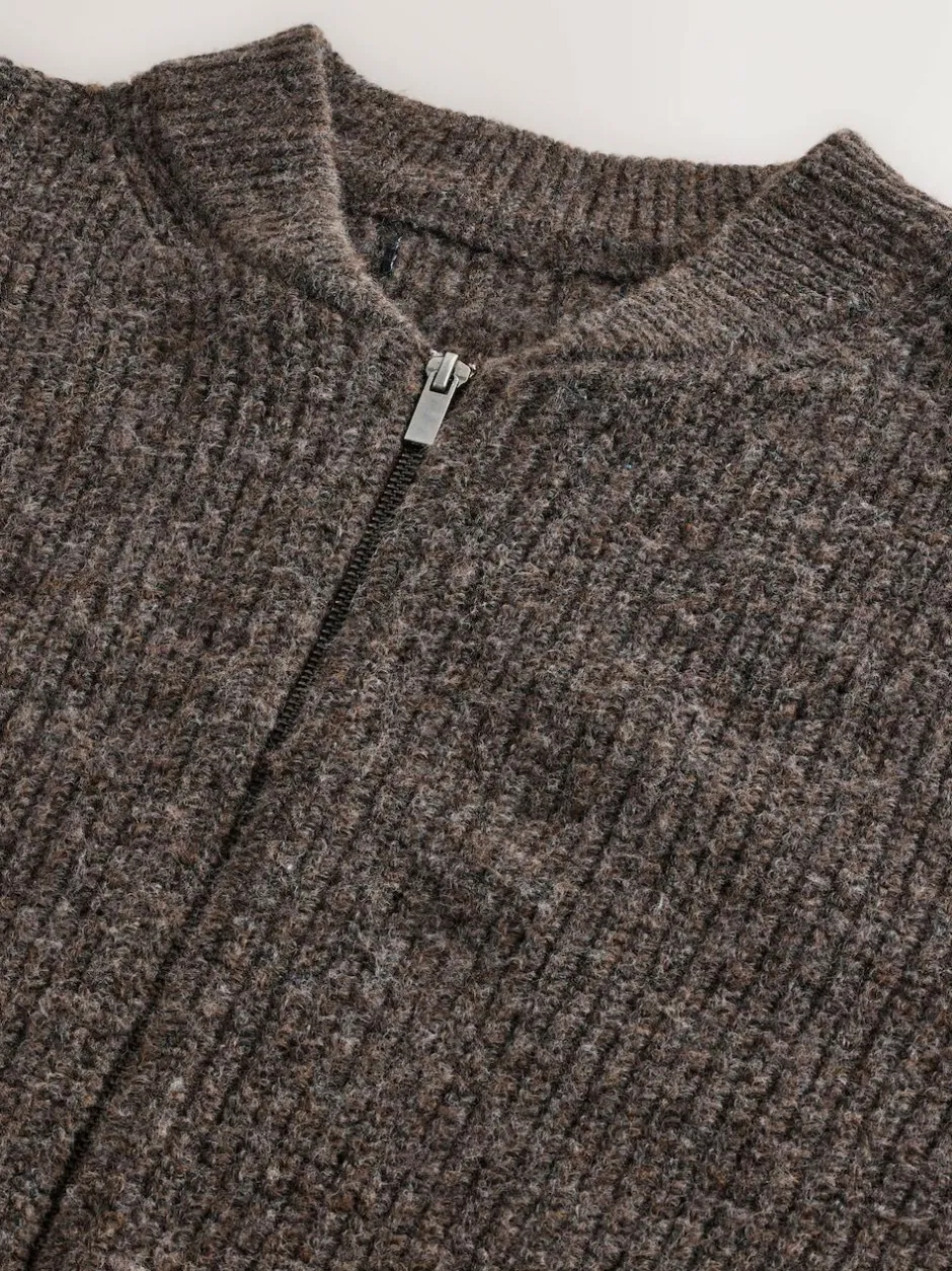 Next Rib Texture Zip Through Cardigan with Wool Brown Outlet