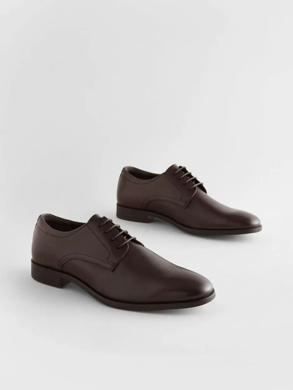 Next Wide Fit Leather Plain Derby Shoes Brown
