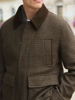 Next Brown Wool Blend Dogtooth Quilted Corduroy Collar Jacket Hot