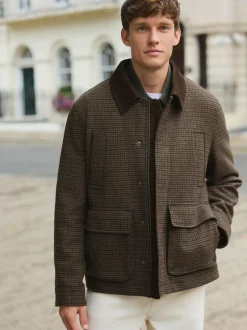 Next Brown Wool Blend Dogtooth Quilted Corduroy Collar Jacket Hot