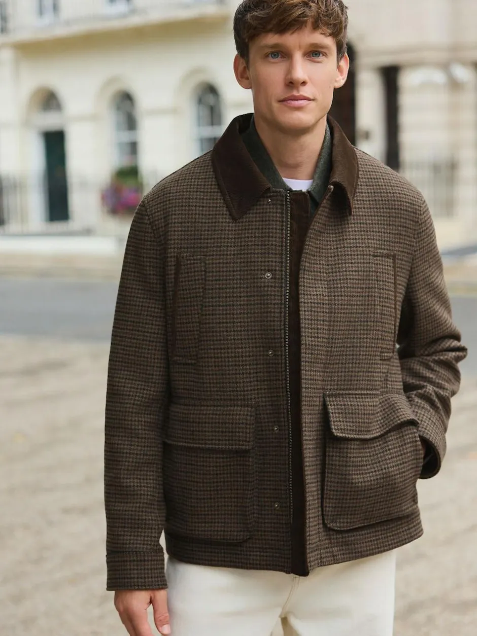 Next Brown Wool Blend Dogtooth Quilted Corduroy Collar Jacket Hot