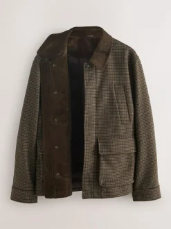 Next Brown Wool Blend Dogtooth Quilted Corduroy Collar Jacket Hot