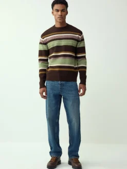 Next Regular Fit Cosy Stripe Crew Jumper with Wool Brown/Sage Green Outlet