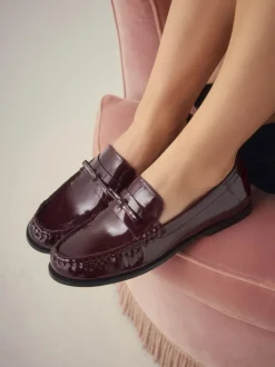 Next Forever Comfort® Bow Detail Ruched Toe Loafers Burgundy Red Sale