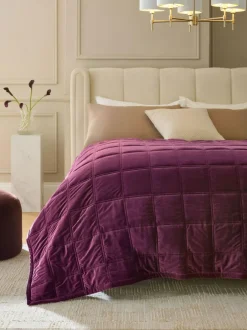 Next Burgundy Red Quilted Lustre Velvet Bedspread Clearance