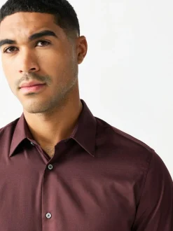 Next Burgundy Red Regular Fit Easy Care Textured Single Cuff Smart Shirt Outlet