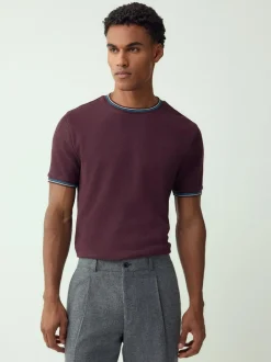 Next Regular Fit & 100% Cotton Textured Tipped T-Shirt Burgundy Red Outlet