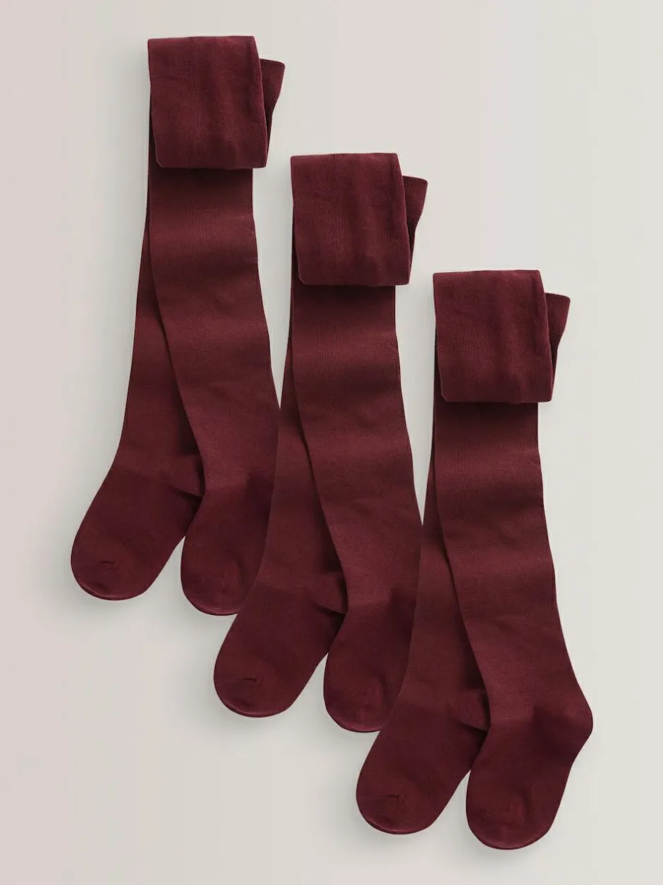 Next Burgundy Red Regular Length 3 Pack Cotton Rich School Tights Outlet
