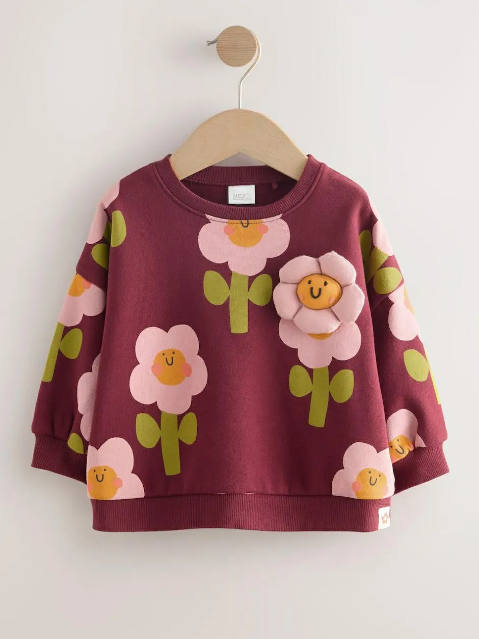 Next Crew Neck Sweatshirt (3mths-7yrs) Burgundy Red Smiley Flower Print Sale