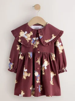 Next Burgundy Teddy Bear Long Sleeve Collared Dress (3mths-7yrs)