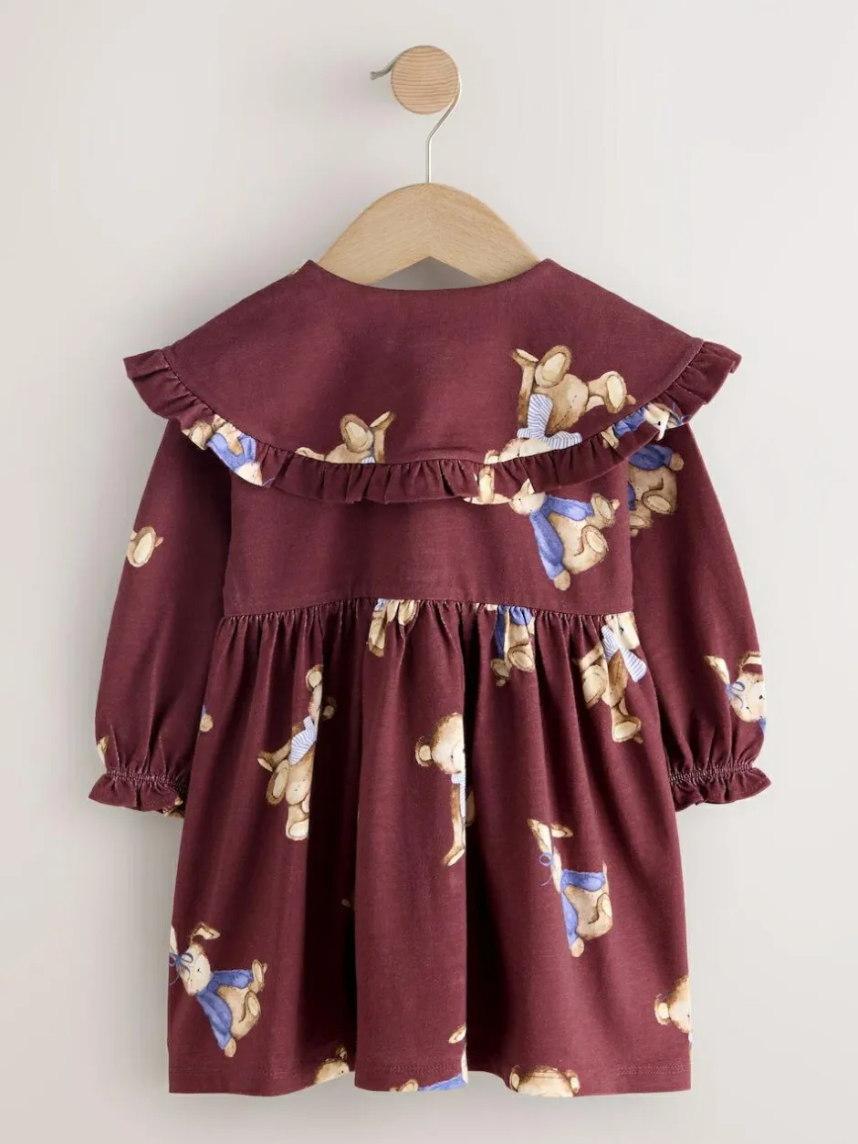 Next Burgundy Teddy Bear Long Sleeve Collared Dress (3mths-7yrs)